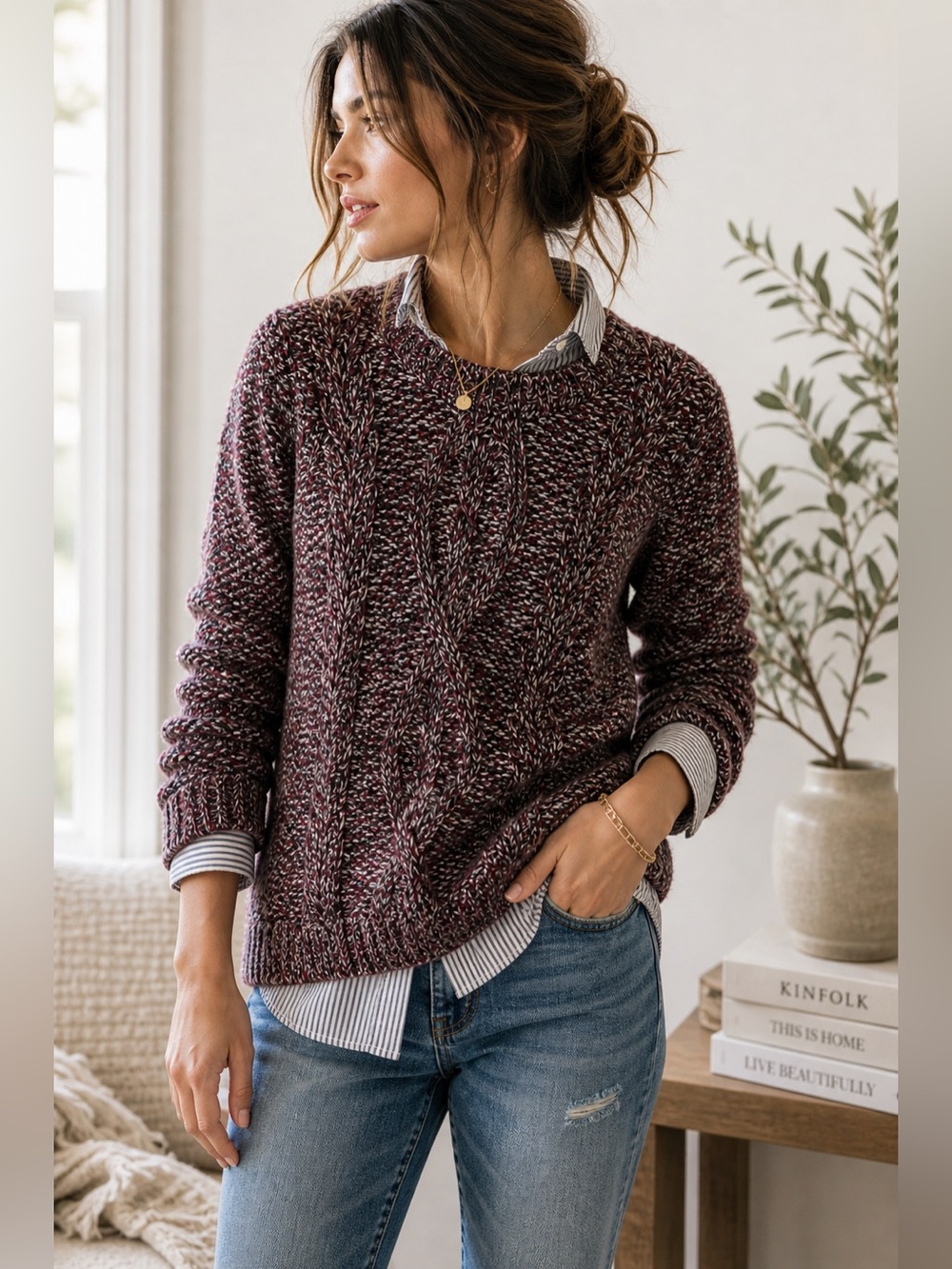 Madewell Firelight Marled Sweater XS Cozy Knit Pullover Burgundy Brown Crewneck - Picture 2 of 9